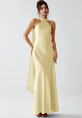 Azazie Atelier Veronica Lemon Sorbet Luminous Satin Maxi Dress, lemon sorbet NEW
