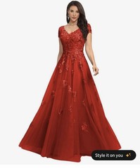 Women’s Red Floral Lace Embroidered V-Neck Short Sleeve Long Formal Gown