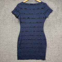 Max Studio Dress Womens L Navy Blue Tiered Ruffle Mesh Sheath Short Sleeve