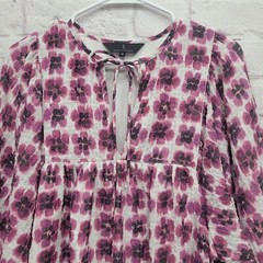 Abbey Glass Purple Pansy Ikat Dress Size M Balloon Sleeves Crinkle Empire Waist