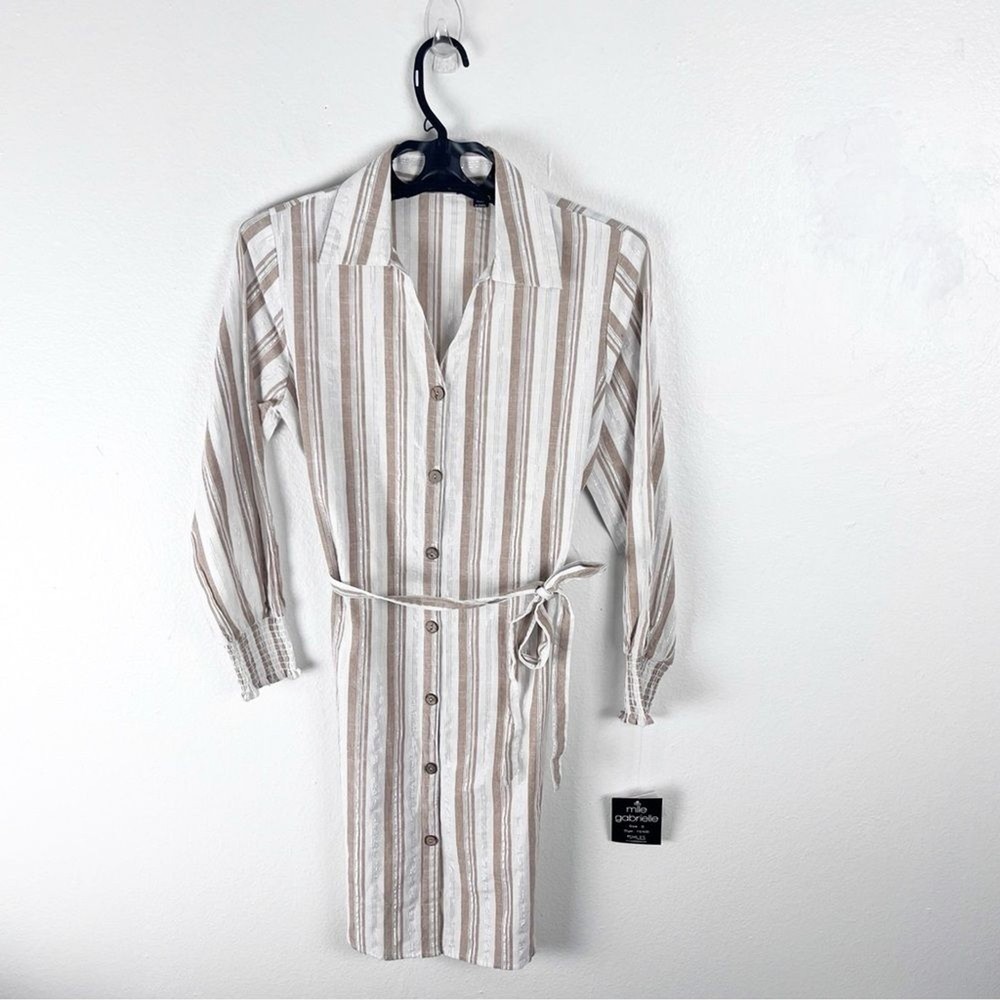 MLLE GABRIELLE Striped Long Sleeves Button Front Belted Waist Shirt Dress Small
