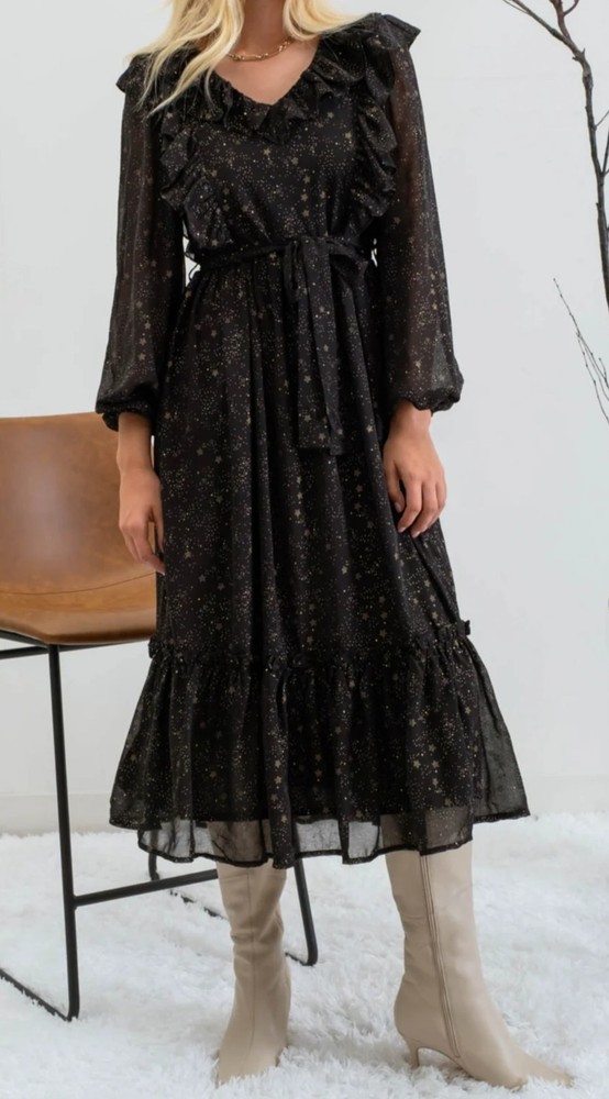 Moon River Dress Womens Medium Long Sleeve Chiffon Black and Gold Accents Midi