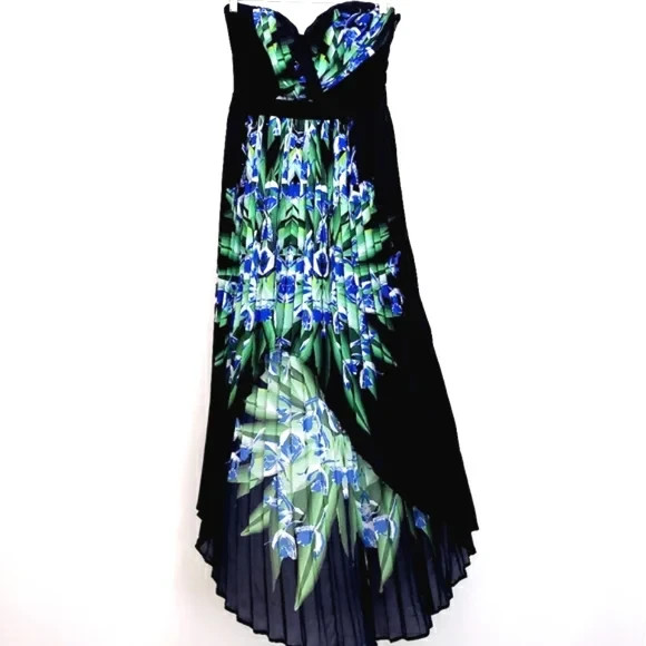 Bebe Addiction Black Blue Green Long Maxi High Low Dress Sweetheart Neckline XS