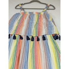 Multicolor Rainbow Striped Cotton Tassel Tiered Midi Dress XS Boho Summer Coast