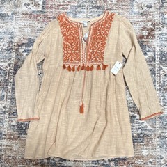 Forever 21 Beige Orange Embroidered Tassel Tie Sundress V-Neck Long Sleeve L