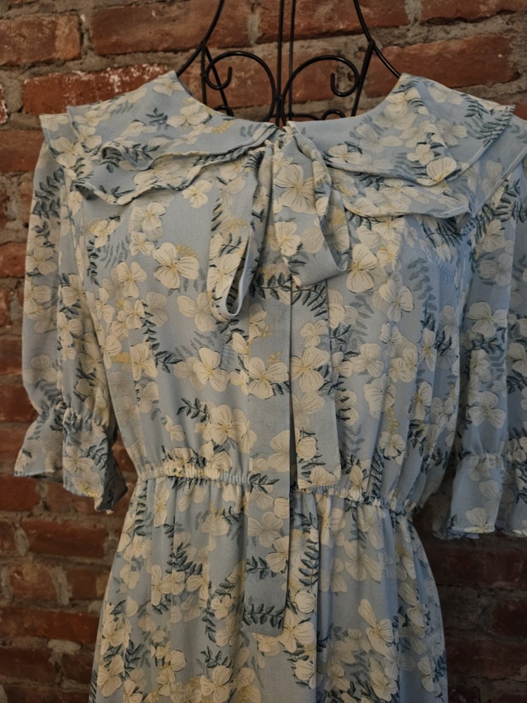Delicate Flowy Light Blue & White Midi Dress With Layered Collar & Tie With Bow
