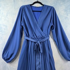 PrettyGarden Womens Blue Pleated Wrap Midi Dress Long Sleeve Tie Waist Large