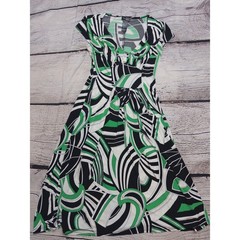 Bisou Bisou Michele Bohbot Dress Womens 4 Green Black Geometric VNeck Cap Sleeve