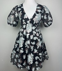 Jun & Ivy Metallic Floral Jacquard Mini Dress M Puff Sleeve Black Blue