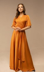 musturd rod satin silk wrape maxi dress for women flared sleeve v neckline