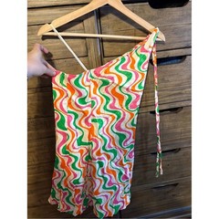 Zara One Shoulder Abstract Print Mini Dress XS Pink Orange Green Retro Swirl