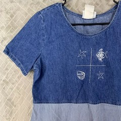 Studio Ease Midi Dress Womens 10 Denim Blue Coastal Sea Shore Short Sleeve 90s