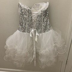 FIESTA WHITE & SILVER CRYSTAL CORSET TULLE RUFFLE DRESS ADULT SIZE SMALL