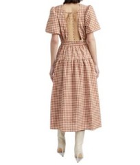 En Saison Brown/White Gingham Square Neck Puff Sleeve Midi Dress Pockets Sz S
