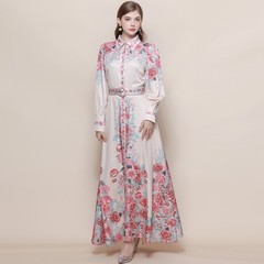 New Spring Fall Vintage Floral Print Collar Belt Long Sleeve Women Casual Dress