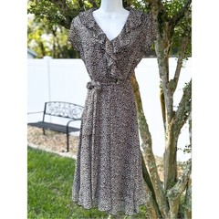 Dressbarn Size 6 Leopard Print Ruffle Neck Midi Dress Tie Waist Side Zip Lined