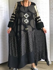 ARTSY LAGENLOOK BOHO ASYMMETRICAL PATCHWORK POLKA DOT DRESS WITH NECKLACE PLUS