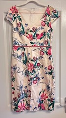 Monsoon floral dress UK12 97% cotton cream pink blue knee length elegant v neck