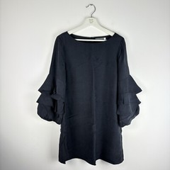 Mint Velvet Dress Black UK 14 Ruffle Sleeve Lyocell Cupro Blend Lined Shift