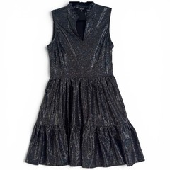 Anthropologie Fate Metallic Grid Ruffle Neck Tiered Mini Dress Black Silver Sz S