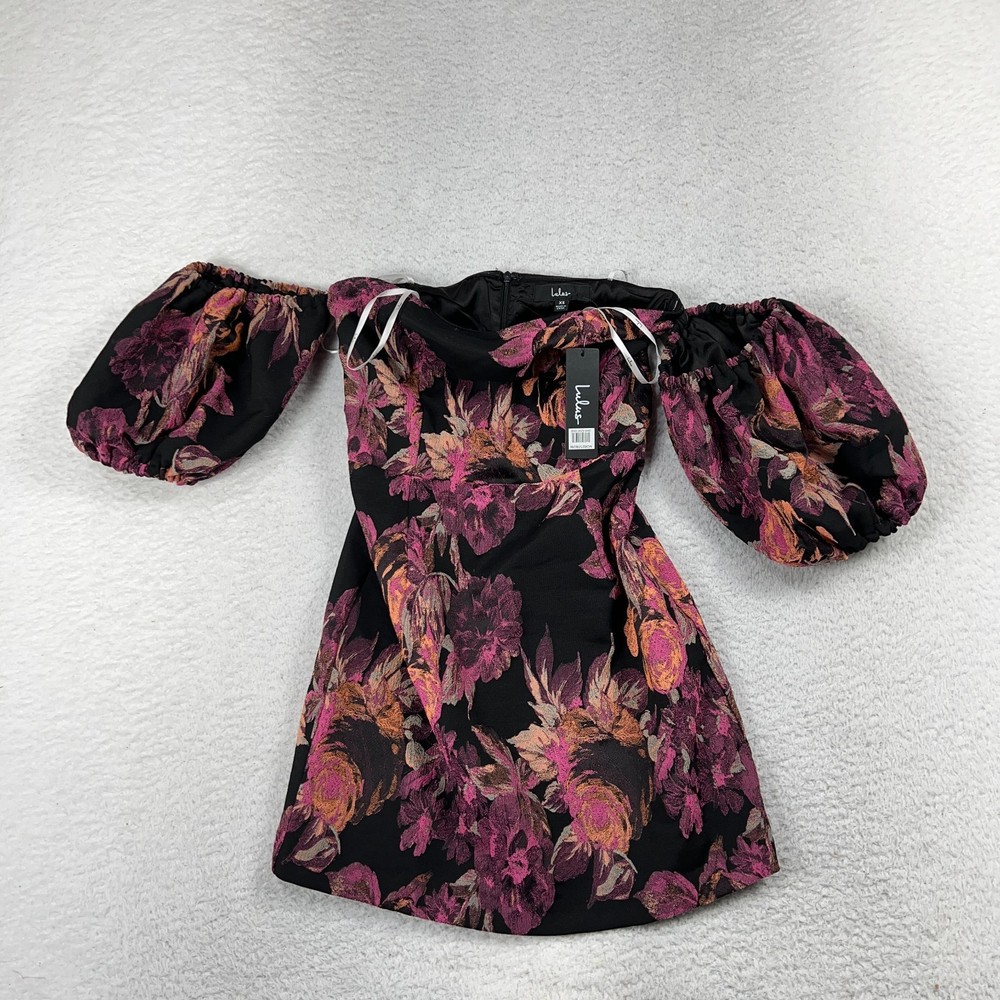 NWT Lulus Head Turnin&rsquo; Black Floral Print Off-The-Shoulder Bodycon Dress XS
