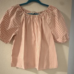 LOFT Women&rsquo;s M Pink White Striped Puff Sleeve Short Sleeve blouse: