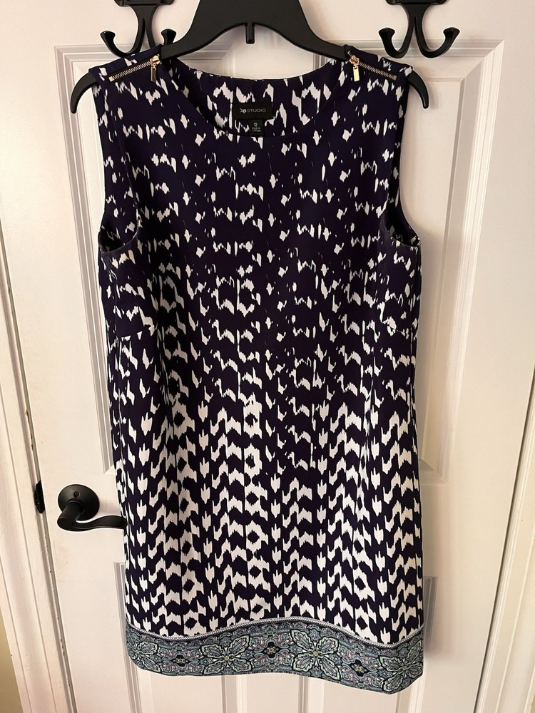 AB Studio Navy White Abstract Sheath Dress Gold Shoulder Zips Size 12