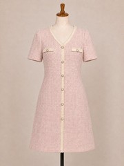 J.ING Pink Faux Pearl Button Mini Dress Tweed Fringe Size S/M No Stretch