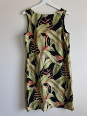 Tommy Bahama Silk Dress Size 12 Black Tropical Leaf Print Sleeveless Shift Dress