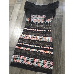 BCBGMAXAZRIA Roxine Black Multicolor Lace Geometric Ruffle Mini Dress XXS