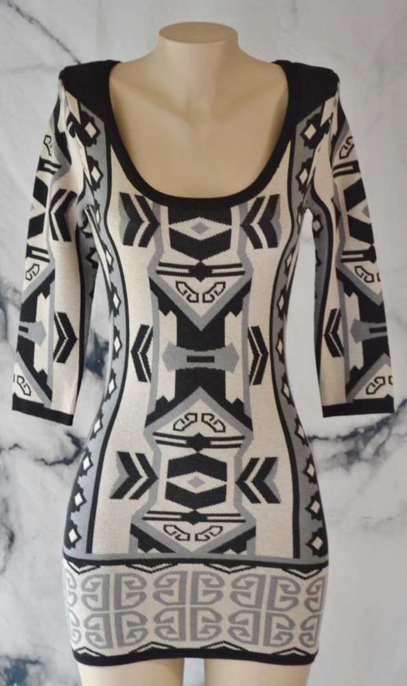 T/O SWEATERS Black Tan Gray Patterned Sweater Dress Small 3/4 Sleeves Acrylic