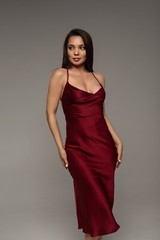 Burgundy Dark Red Silk Satin Slip Midi Dress Open Back Lace-up Bridesmaid dress
