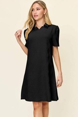Double Take White Texture Collared Neck Short Sleeve Mini Dress