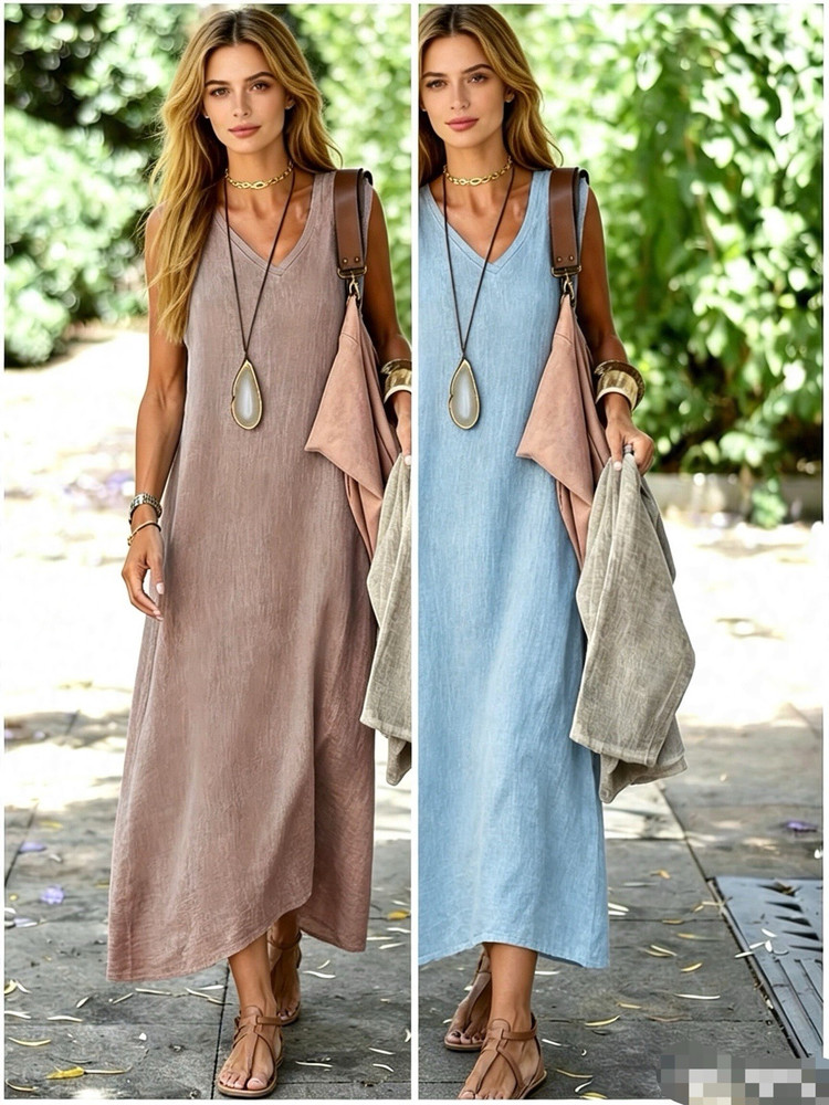 2PacksWomen’s Blue Brown Solid V-Neck Sleeveless Maxi Dress Linen Pockets XL