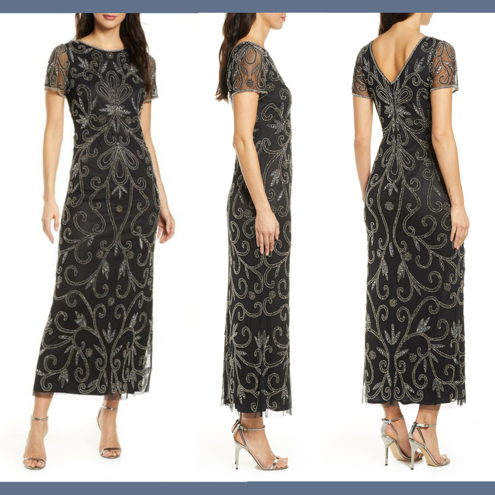 NEW Pisarro Nights Beaded Illusion Mesh A-Line Gown in Black [SZ 4 ] #G672