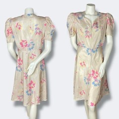 Vintage 1940s Floral Dress Zipper Front Housedress Short Puffed Sleeves Beige
