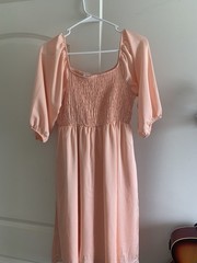 Peach Smocked Puff Sleeve Knee Length Sundress Square Neck Lightweight Casual