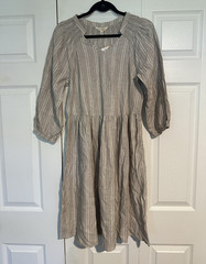 Linda Anderson Women’s Tan & White Striped Smock Dress V-Neck Midi 3/4 M