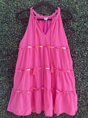 jmarie Pink Cotton Woven Babydoll Dress M Sleeveless V-Neck Ruffle Tassel