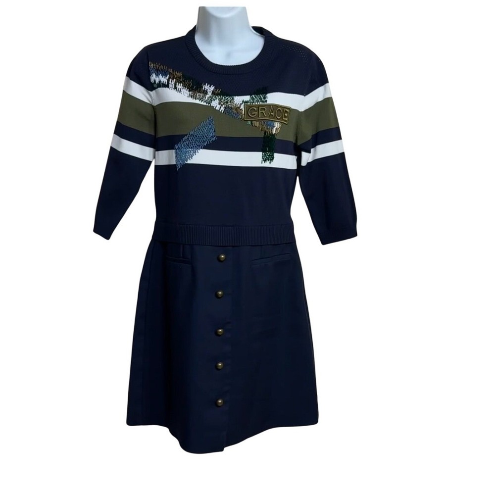 Navy Blue Script GRACE Embellished Knit Sweater Dress 34.5 Length Size L