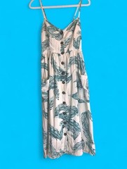 Women’s M Beige/Green Tropical Print V-Neck Button Front Midi Sundress Pockets