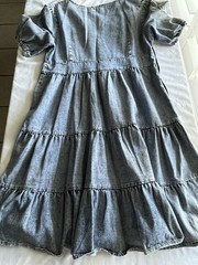 Women’s Chambray Denim Wrap Tiered Midi Dress Puff Sleeve V Neck Medium