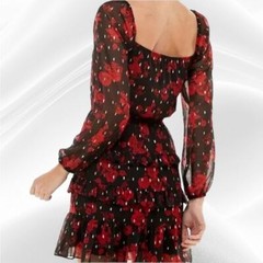 City Studio Womens Juniors Red Black Gold Floral Print Square Neck Dress Small