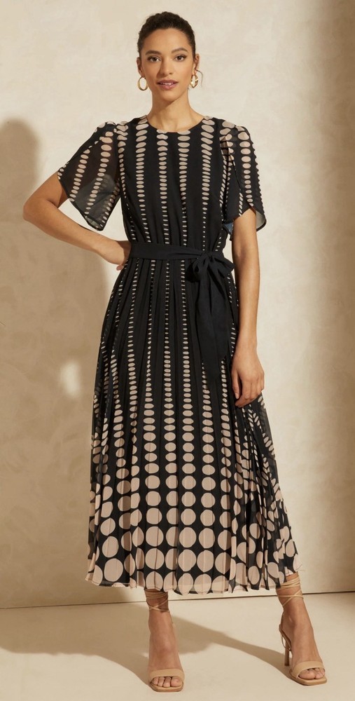 BNWT Love & Roses Black Spotty Pleated Midi Dress Size 14 Lined Free P&P