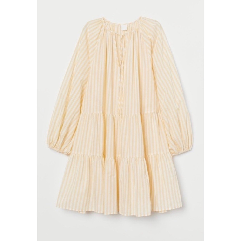 H&M Oversized Butter Yellow & White Striped Peasant Dress Women’s SMALL Coastal