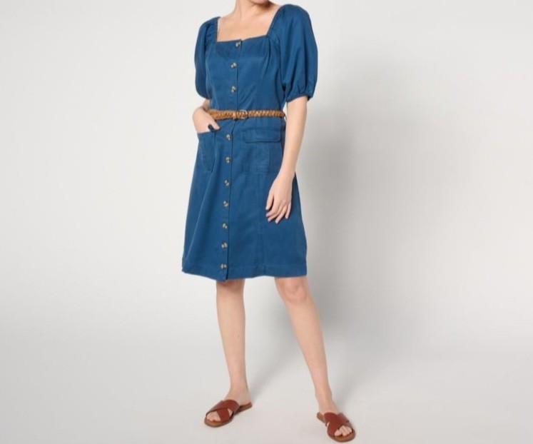 Anybody PXL Vintage Blue Sueded Twill Puff Sleeve Cargo Dress Belt A636798 NWOT