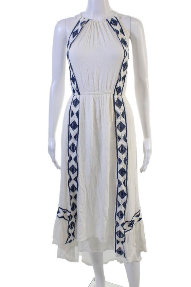 Ella Moss Women White Geometric High Neck Midi Sundress Drawstring Size S