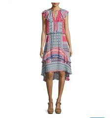 Parker Ruffle Sleeveless Mixed Print Red Blue Dress Hi Lo V-Neck Size Small Red