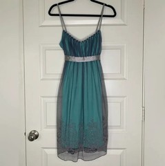 READ! Vintage Teal Pleated Tulle Glitter Flocked Damask Sequin Babydoll Dress