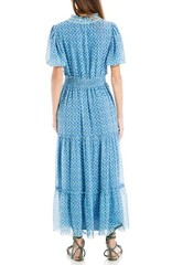 Max Studio $178 Georgette Cream/Blue Poppy Buds Smocked Waist Maxi Dress NWT